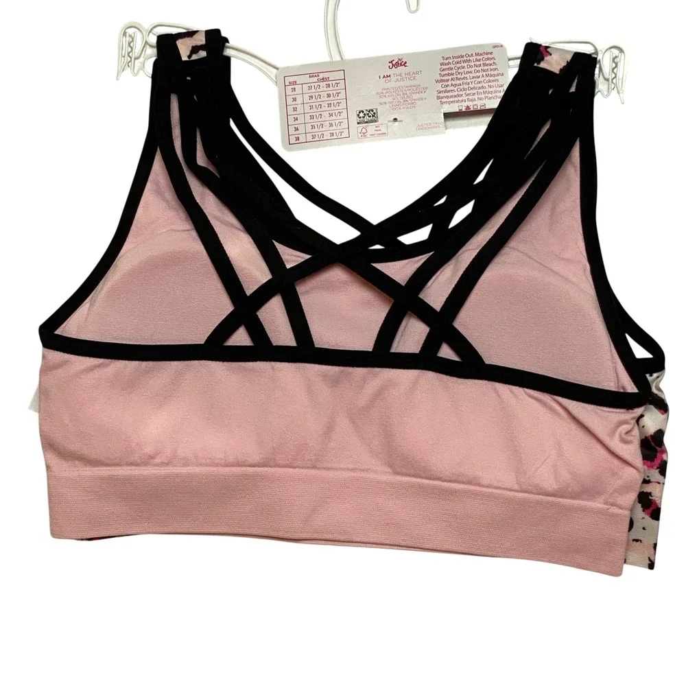 Justice Girls 2 Pack Sports Bras Size 32 Leopard‎ Pink Strappy Back Seamless NWT